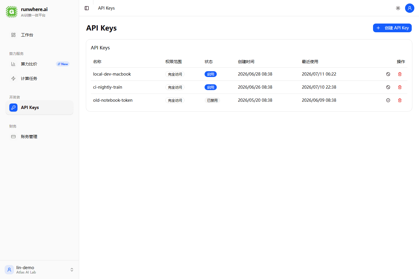 API Keys 管理页面示例